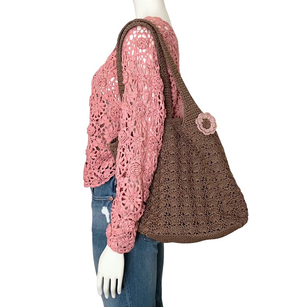 Y2K Brown Tan Knit Crochet Pink Flower Pin Large Shoulder Bag Tote Girlhoodcore - Picture 2 of 9